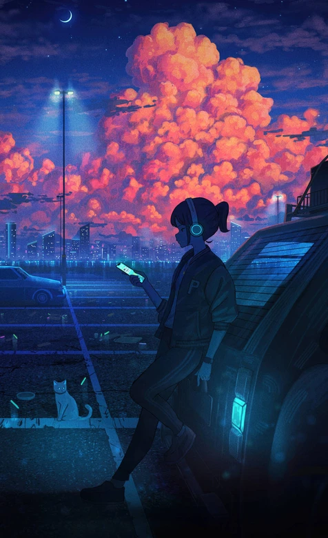 赛博朋克都市夜景·耳机少女与橘云 高人气手机壁纸