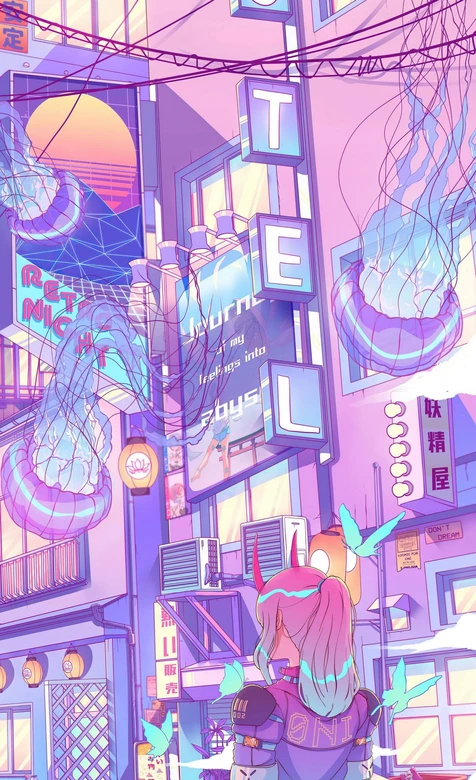 赛博朋克都市角娘·水母霓虹二次元插画手机壁纸