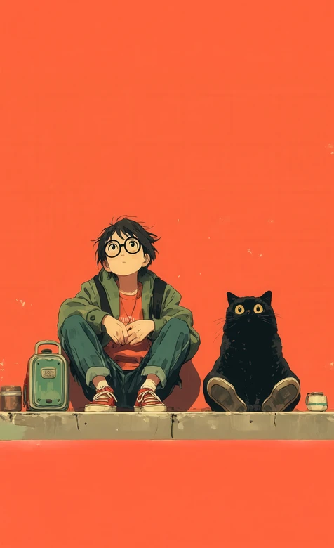 戴眼镜少年与黑猫·日系动漫风 治愈系竖屏壁纸