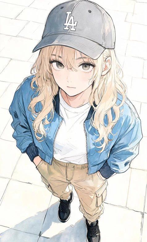 金发LA棒球帽少女·日系水彩插画 潮流穿搭手机壁纸