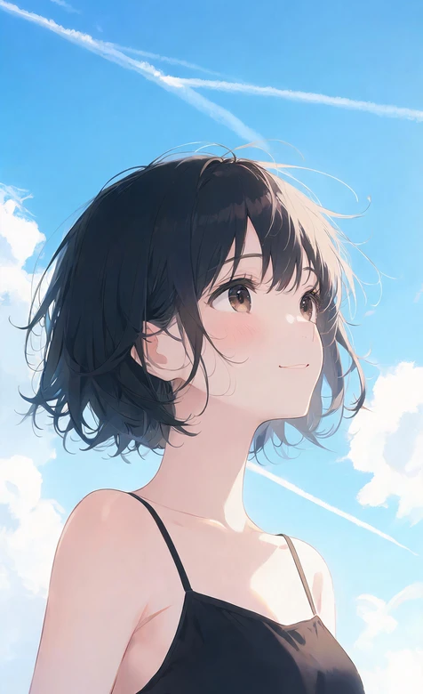二次元短发少女 日系清新风 蓝天云翳手机壁纸