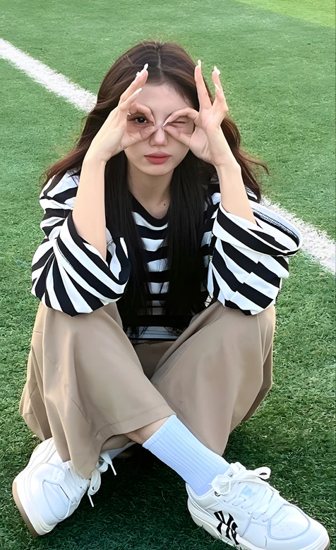 长发女生·条纹衫草坪搞怪 清新活力风手机壁纸
