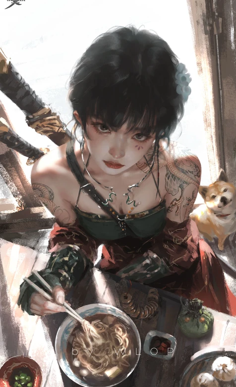 纹身女战士与柴犬·WLOP国风写实风手机壁纸