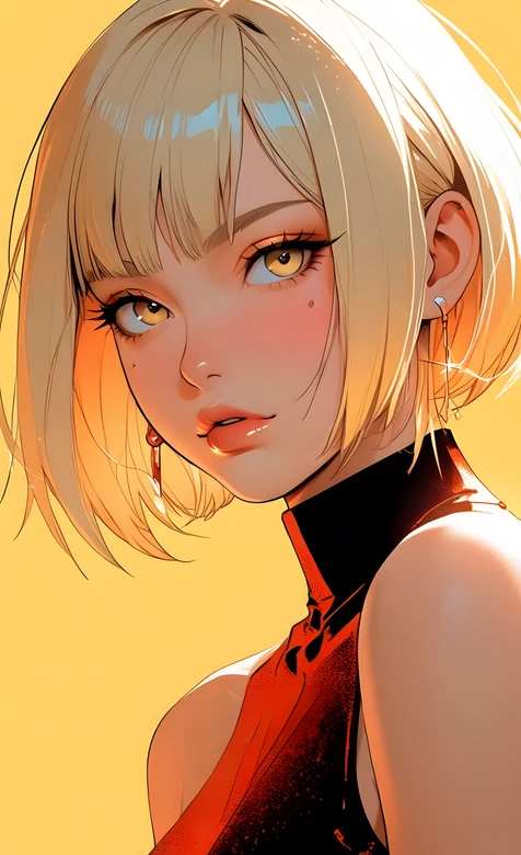 短发金发少女·二次元插画风·红黑高领衣精致耳饰 个性手机壁纸