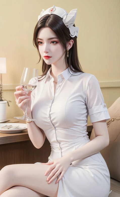 护士风制服佳人·写实唯美 优雅品酒手机壁纸