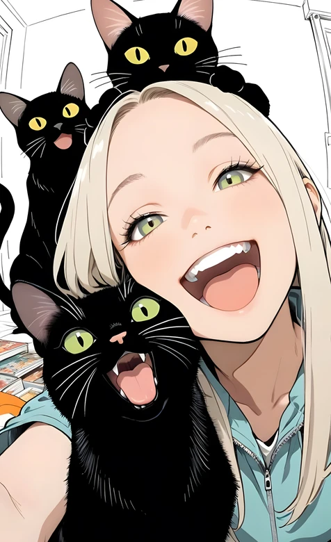 金发女孩&三只黑猫 二次元漫画风 萌宠互动手机壁纸