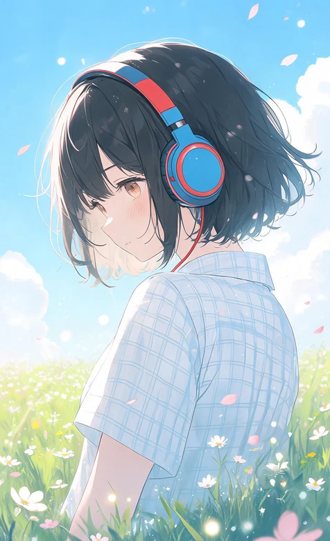 短发少女·蓝红耳机 日系清新二次元春日花海手机壁纸