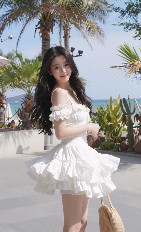 唯美海边度假美女·白色荷叶裙 清新手机壁纸