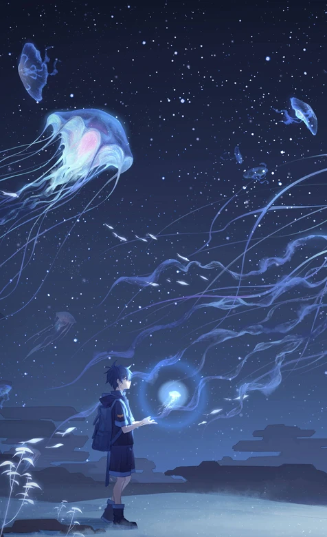 星空少年·发光水母环绕 唯美二次元梦幻场景（高热度壁纸）