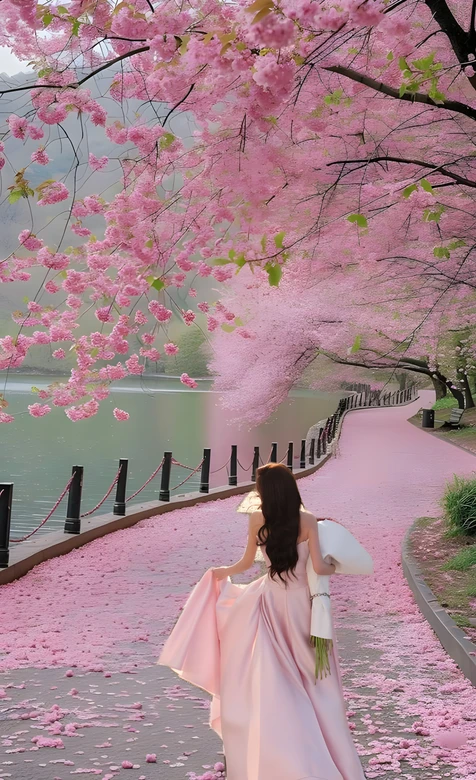粉裙少女樱花步道·浪漫春日氛围感全面屏锁屏