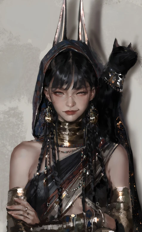 WLOP原画古埃及风神秘兽耳少女 高清全面屏锁屏