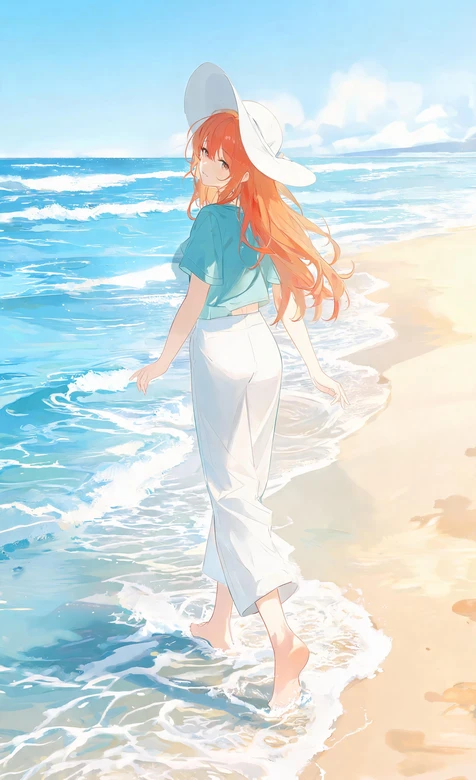 二次元橙发少女·海边漫步 全面屏高清锁屏